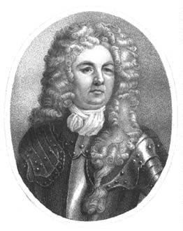 Sir Clowdisley in armor, with a long lovelock